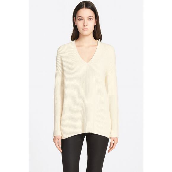J. McLaughlin Wool Cashmere Sweater Size Large V Neck Ivory Luxury Minimalist - Picture 1 of 14